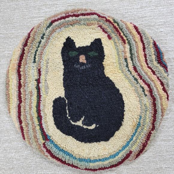 VTG Black Cat Fays Garret Seat Cushion Rug Round Hand Hook Loop Signed Folk Art - Picture 12 of 16